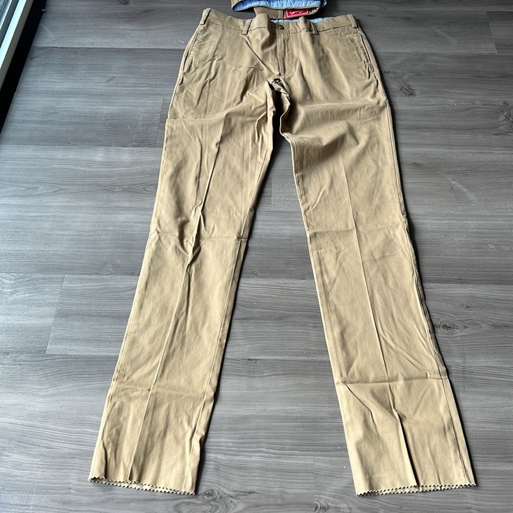 Frank’s made in USA trim fit long inseam revolution plain front unhemmed khaki